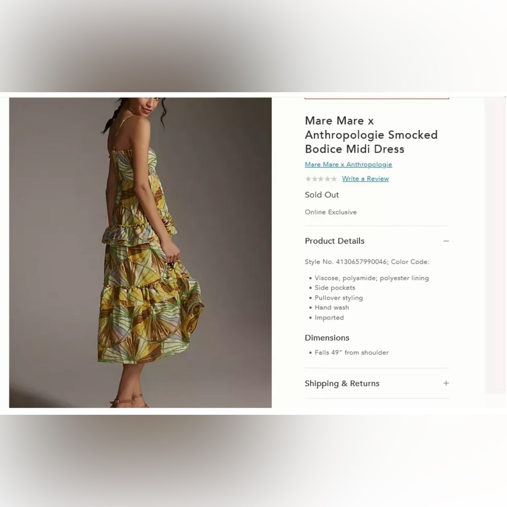 ANTHROPOLOGIE Smocked MIDI Dress Size Medium | MARE MARE X Anthropologie - Picture 4 of 8